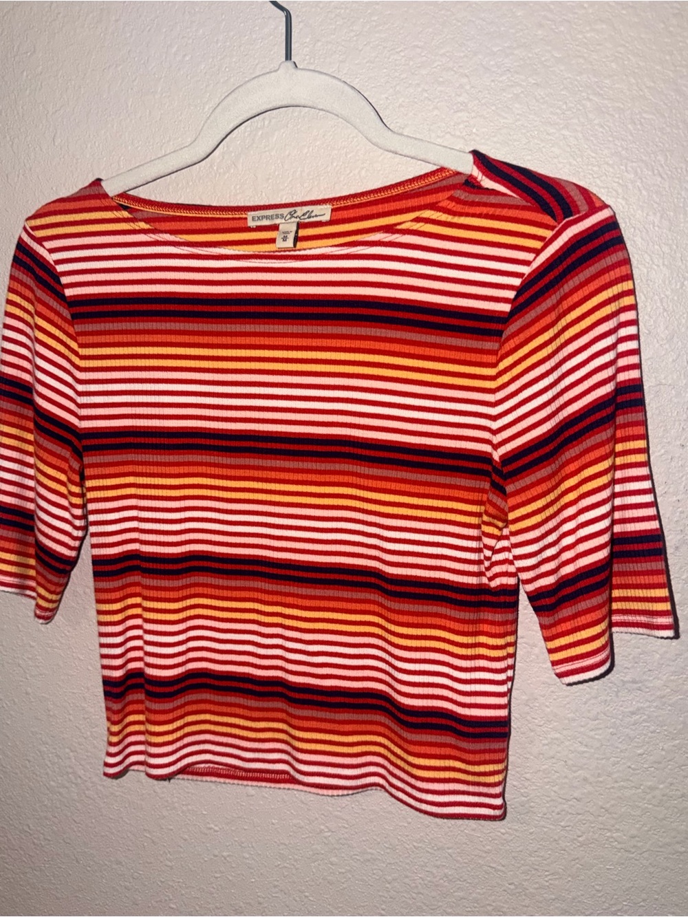 Express Multicolor Striped Ribbed Crop Top — Red, Orange, Pink, Navy